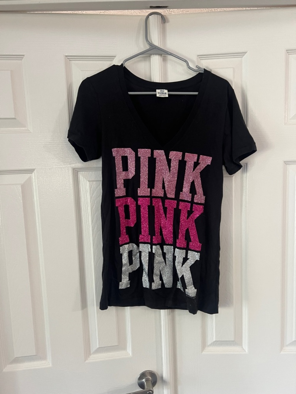 PINK Victoria's Secret Black V-Neck Tee with Pink & Silver Glitter Logo